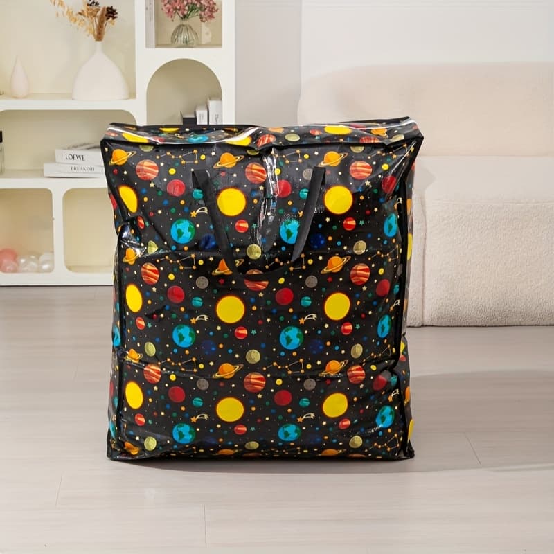 TEMU Black -themed Large Capacity Travel Storage Bag - Durable Nylon Reusable Zippered Organizer For Clothes, Bed Sheets, | Hand Washable, , Portable Closet, Space Themed Design, Sturdy Handles