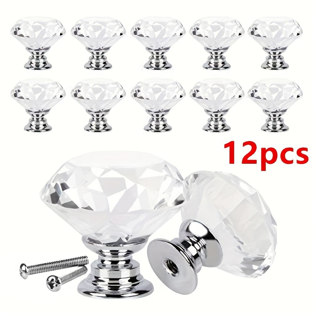 TEMU 12 Crystal Glass Door Knobs Diamond Drawer Cabinet Furniture Handle Knob Kitchen