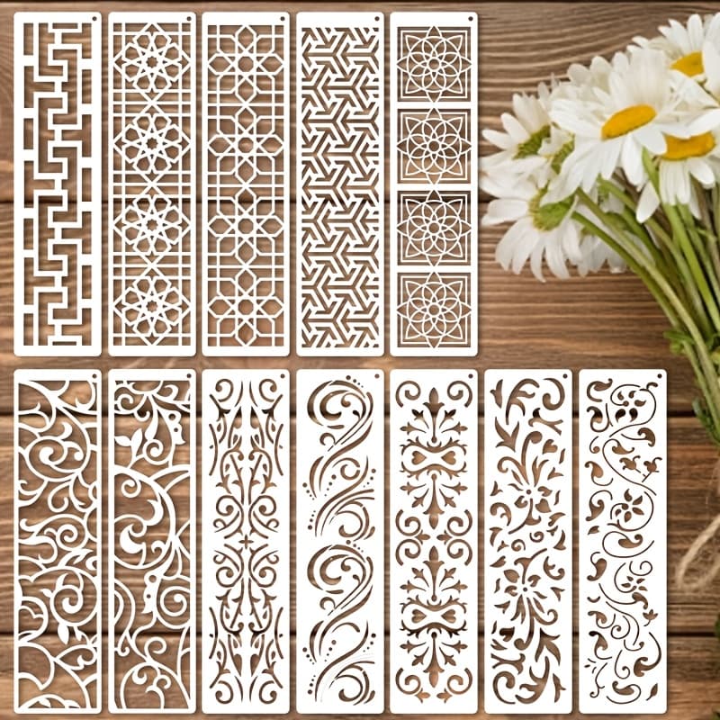 TEMU 12pcs Craft Flower Template Reusable Texture Template Background Template Leaf Vortex Template Used For Painting On Wooden Furniture Canvas
