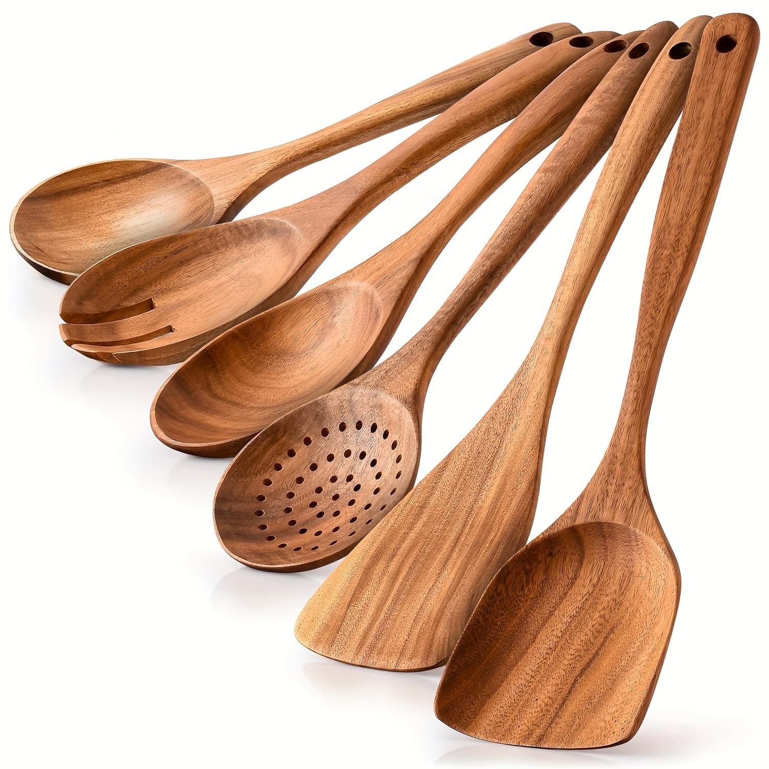 TEMU Father/gift 6pcs Set Wooden Cooking Spoons, Heat Resistant Smooth Teapot Handles Comfortable Lightweight Durable Easy To For Cookware Father Gift