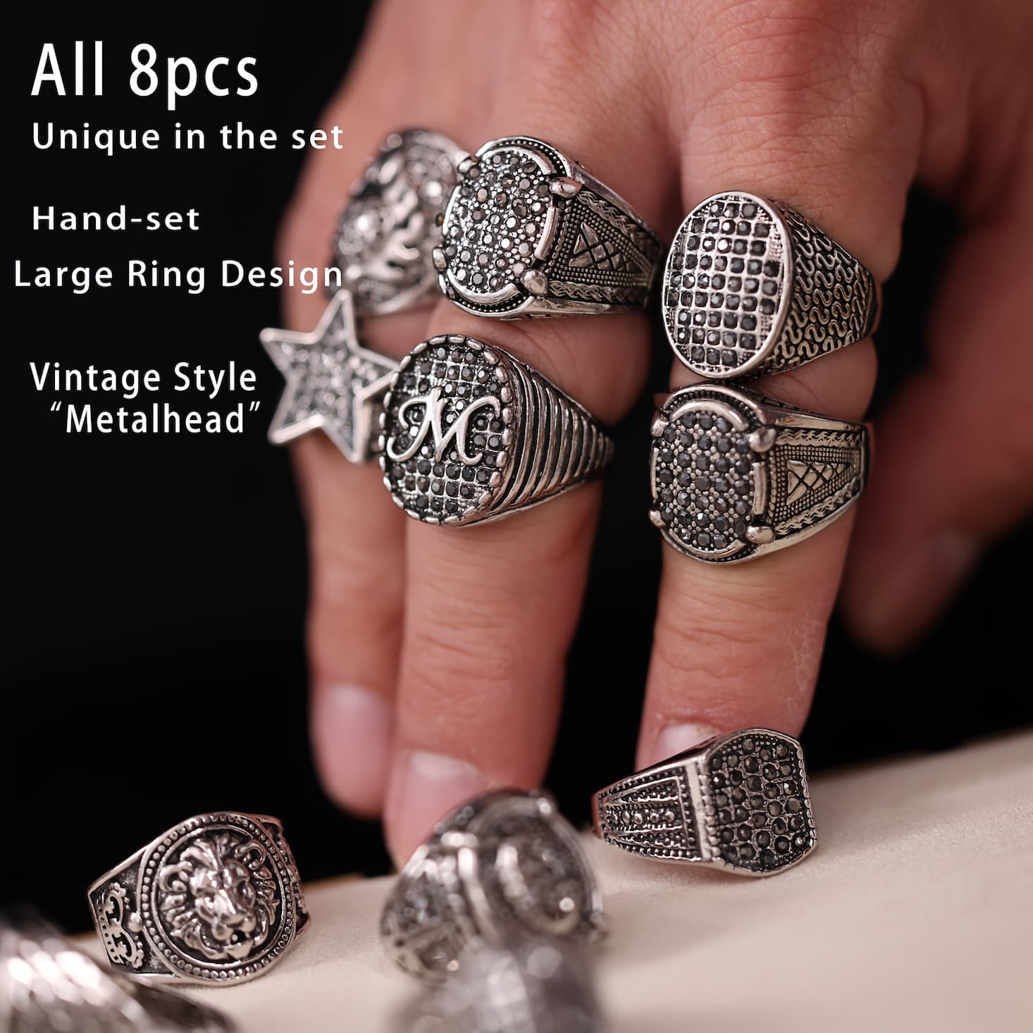 TEMU 8pcs Vintage Silvery Large Ring Sparkling Inlaid Ring Collection Gift Mixed Shape Design