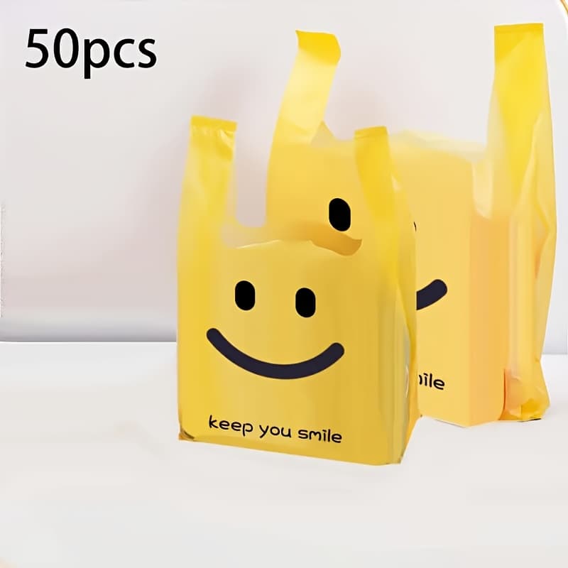 TEMU 50pcs Face Bags - T-shirt Style, Lightweight Retail Bags For Grocery Stores, Parties, Lunchboxes - Happy Packaging (50 Count), Party Favors, , Reusable Bag, Event Planners