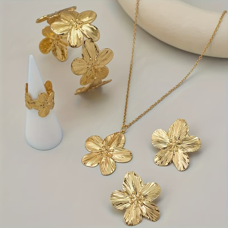 TEMU 1 Set Floral Jewelry 5pcs, Earrings, Ring, Necklace, Daily Wear And Gift, Suitable For All