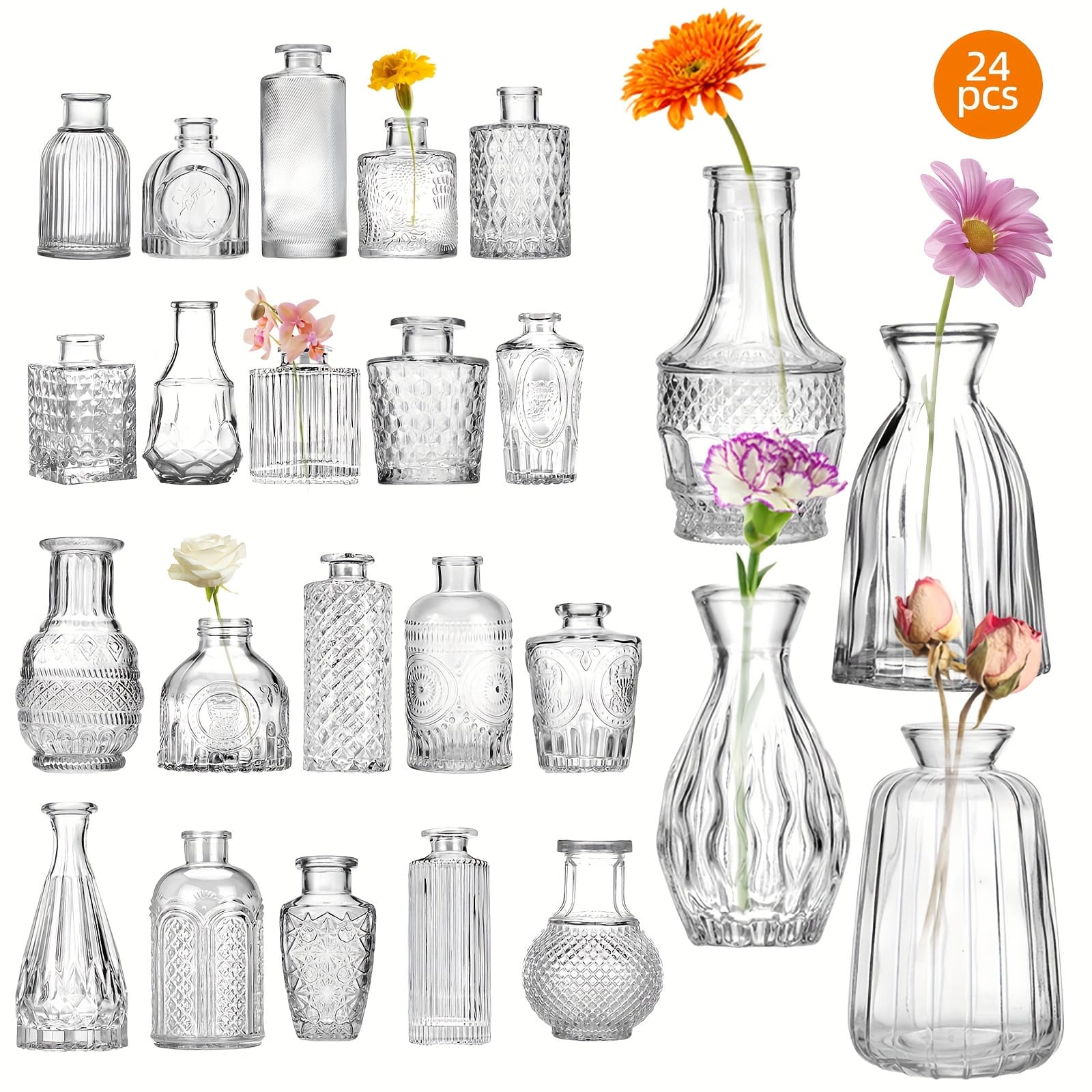 TEMU Set Of 24 Small Glass Bud Vases For Flowers, Perfect For Rustic Wedding Decor And Vintage-style Home Table Arrangements, Ideal As Centerpieces For Party Tables,