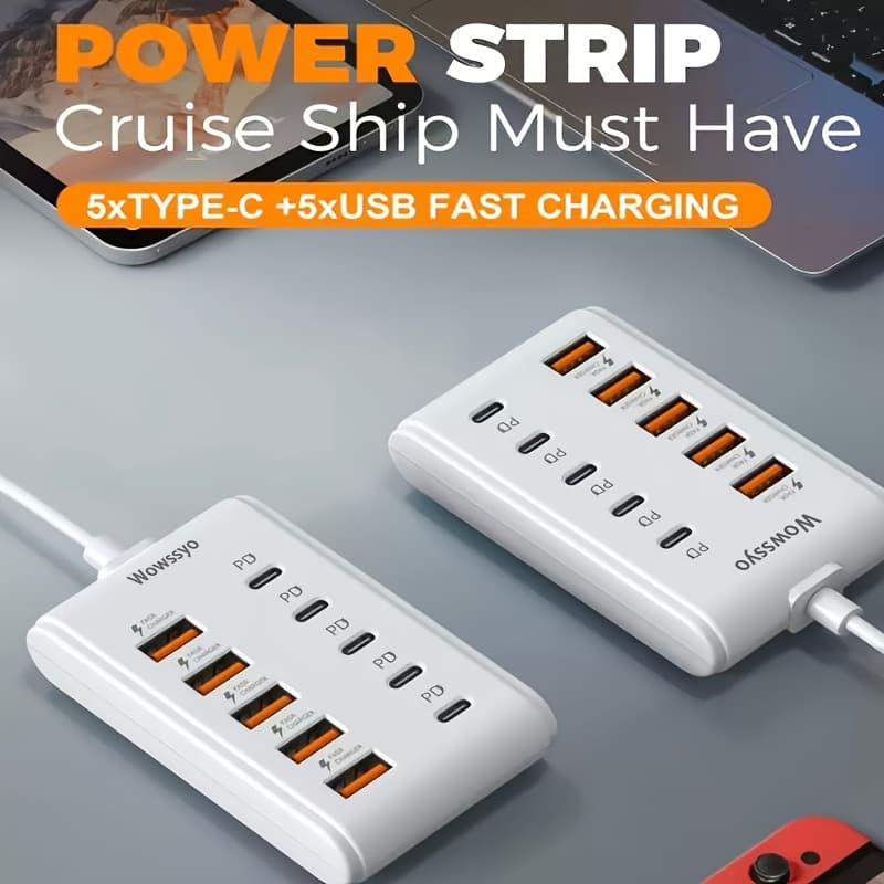 TEMU Wowssyo 10-in-1 Power Strip: 5x Type-c Pd+ 5x Usb-a Ports, Fast Charging Power Adapter, Usb Power Outlet For Laptops, Tablets, And Multiple Devices
