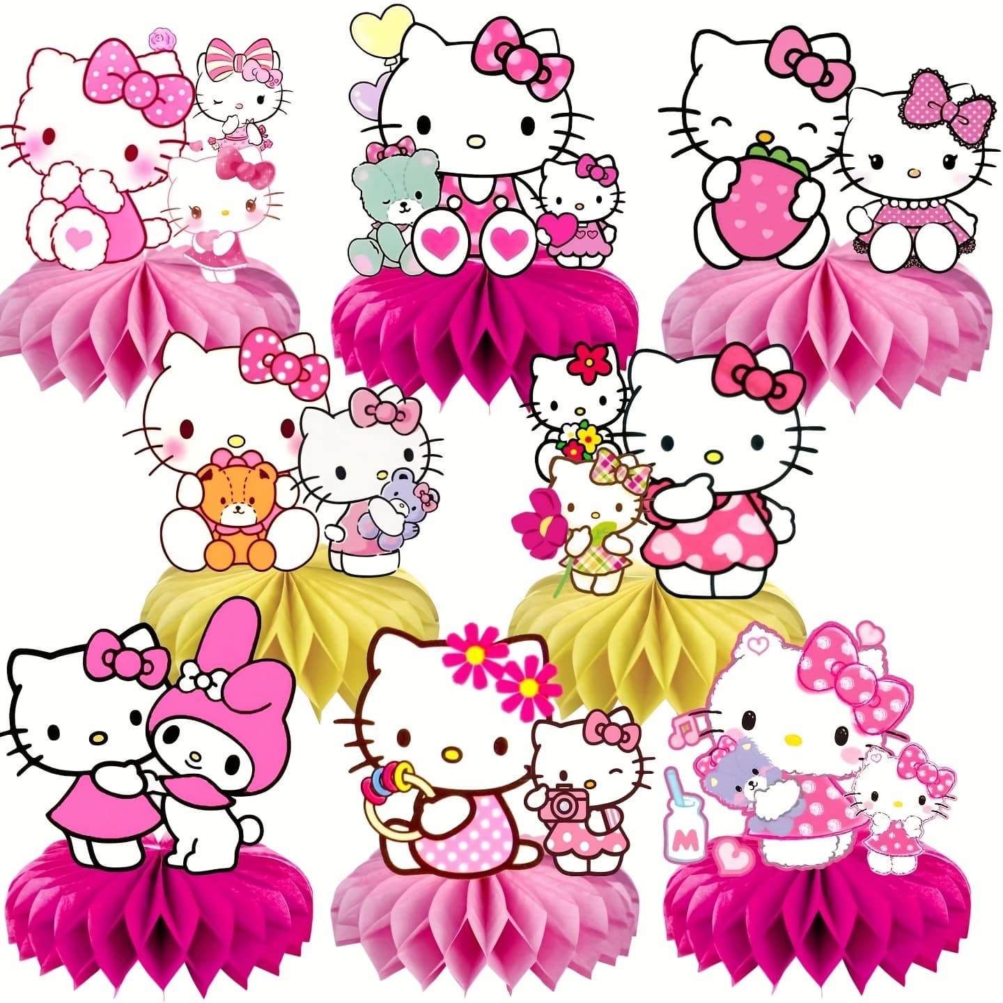 TEMU 8pcs Hello Kitty Party Packs Birthday Party Desktop Decorations Honeycomb Ornaments Dining Table Party Honeycomb Ornaments Paper Honeycomb Bases Party Decorations