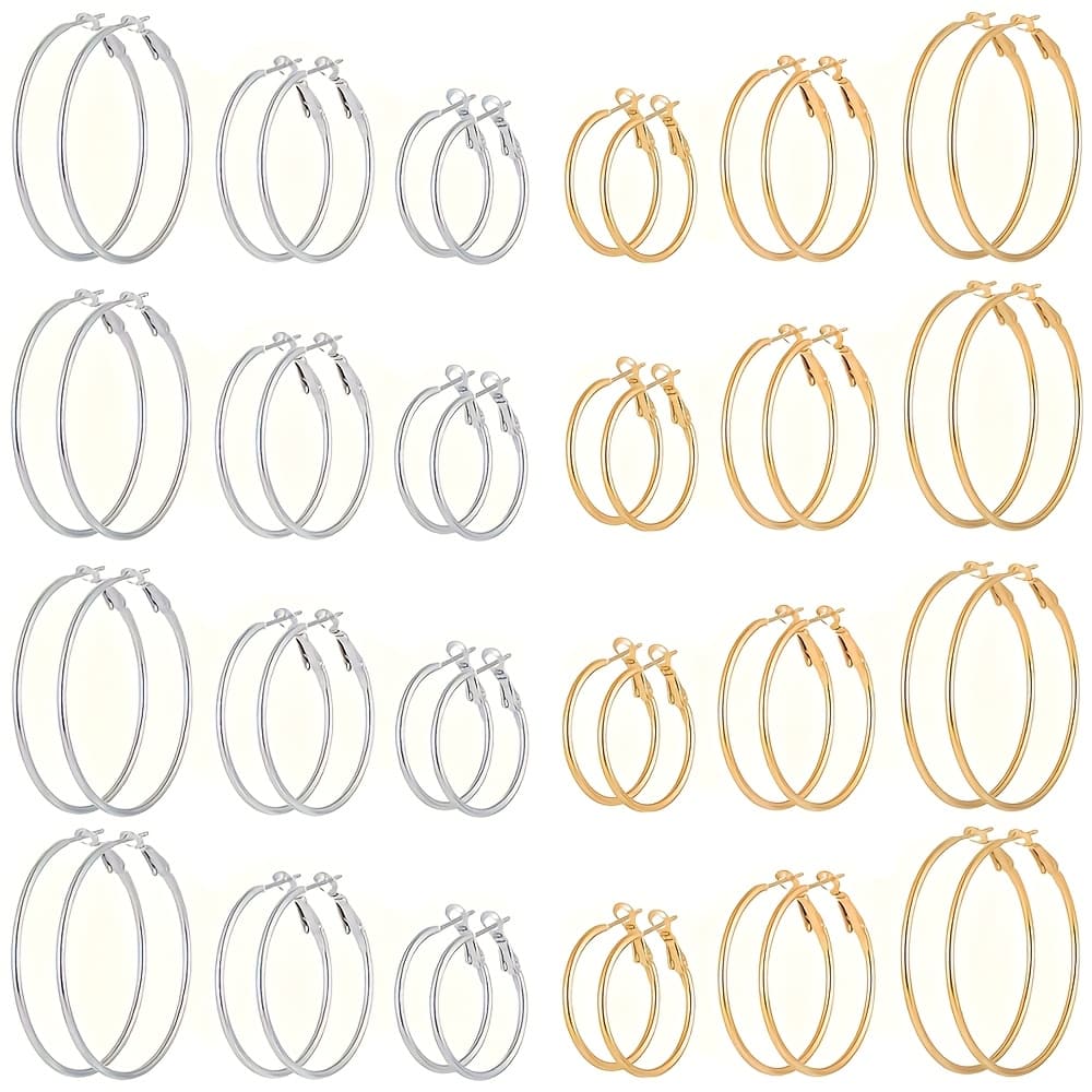 TEMU 24 Pairs Stainless Steel Golden Silvery Plated Hoop Earrings For Women Girls, Hypoallergenic Hoops Women's Earrings Loop Earrings Set