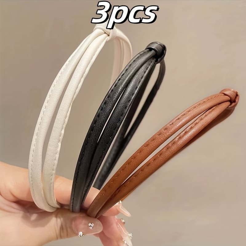 TEMU 3pcs/set Simple Pu Leather Narrow Edge Headband For Women Elegant Face Wash Headband Fashionable Hair Band Hair Accessories