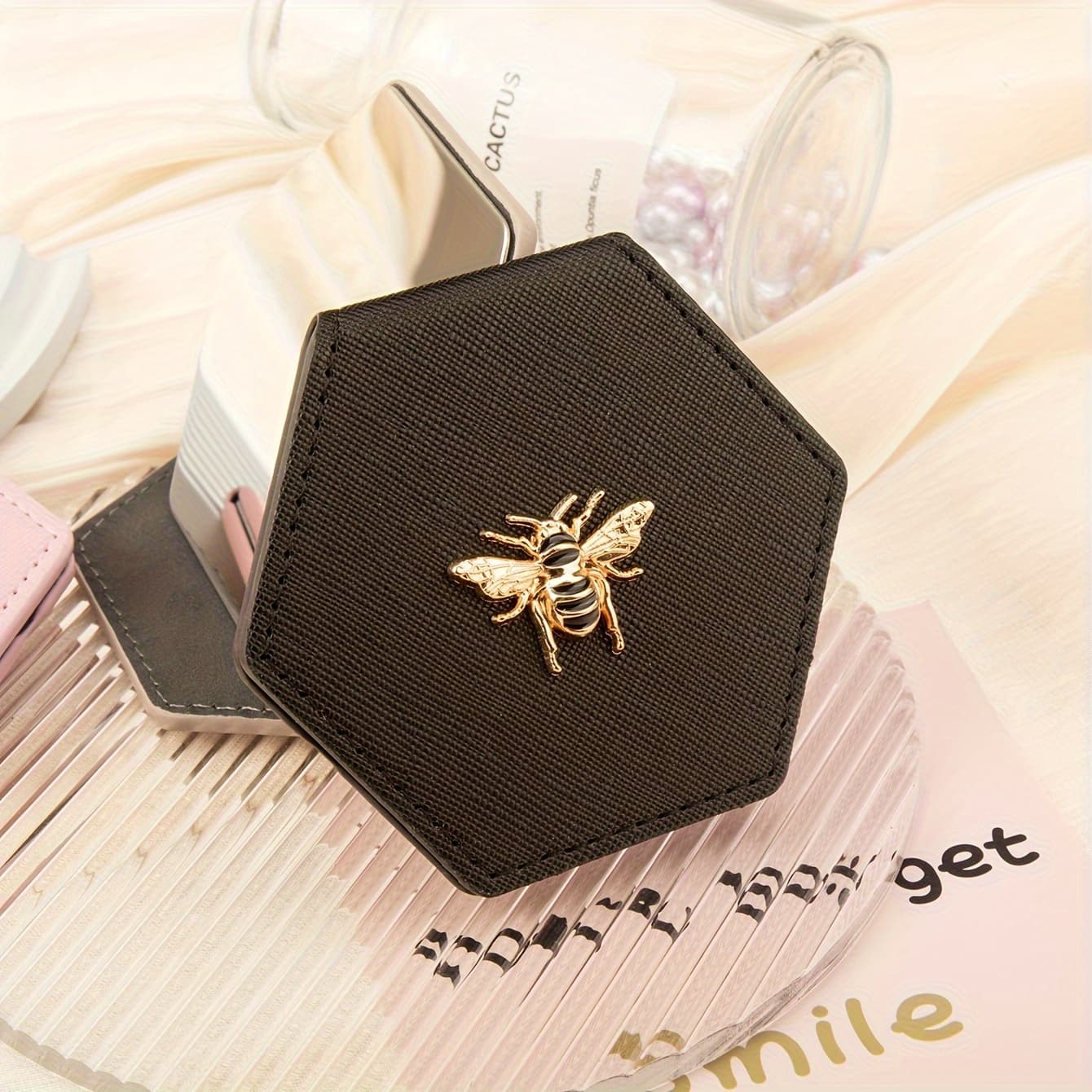 TEMU Elegant Bee-themed Compact Mirror - Portable Dual-sided Folding Mini Makeup Mirror With Polished Stainless , Ideal For Purses & Party Favors, Mirror Portable