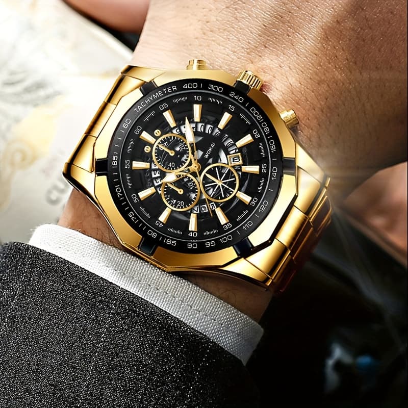 TEMU Men's Luxury Stainless Steel Quartz Watch - Round Dial With Golden Markers & Black Dial, 3 Sub- Chronograph, Date Indicator, Comfortable Metal Band - Elegant Gift For Men, Bling Watches
