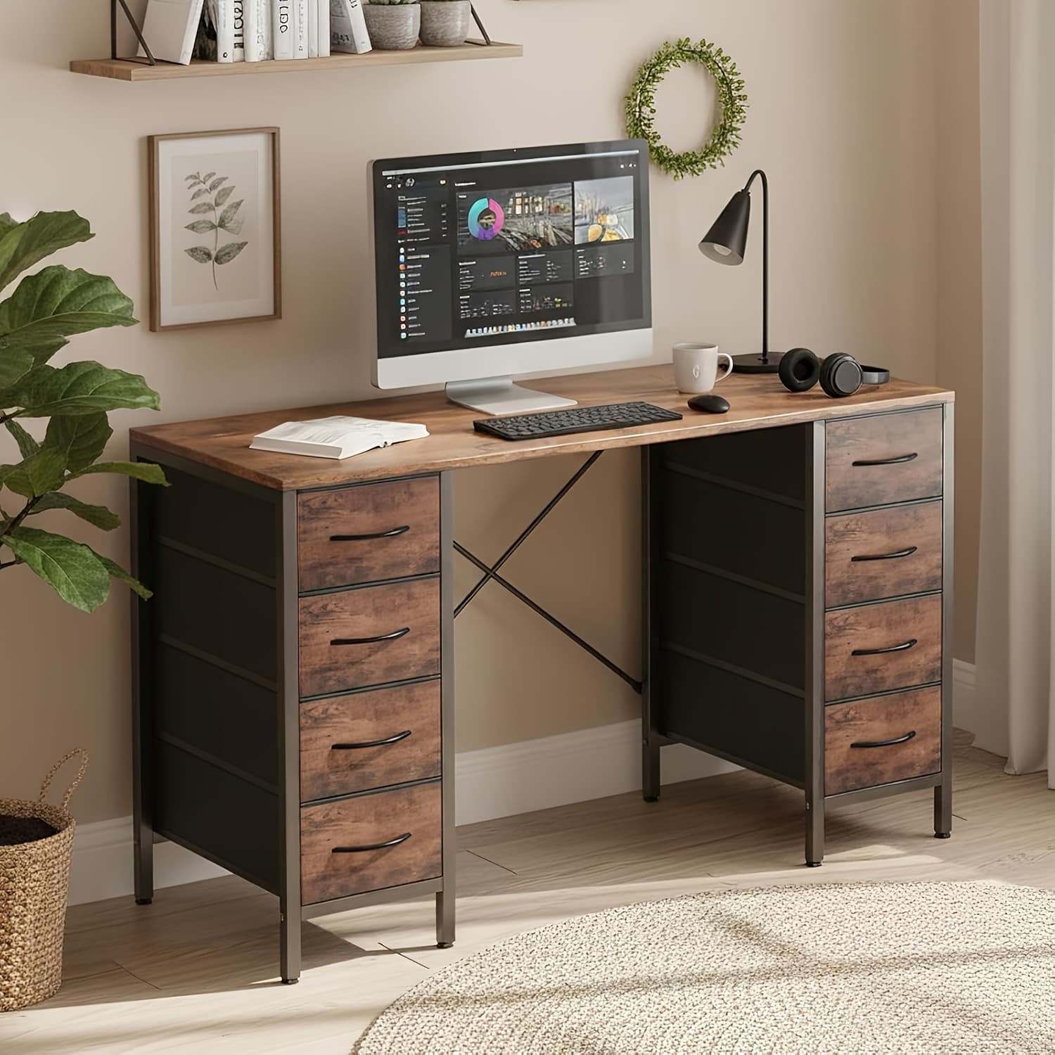 TEMU 8-drawer Computer Desk/office Desk, X-shaped Reinforced Frame, Easy Assembly, , Black