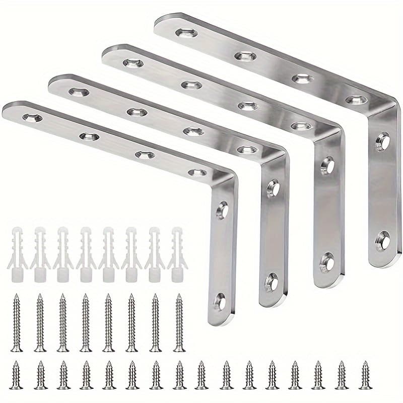 TEMU 4pcs Heavy Duty Stainless Steel L Brackets, 5" X 3" Right Angle Wall Hanging Support, Decorative Corner Braces With Screws, Industrial Metal Shelf Brackets For Use