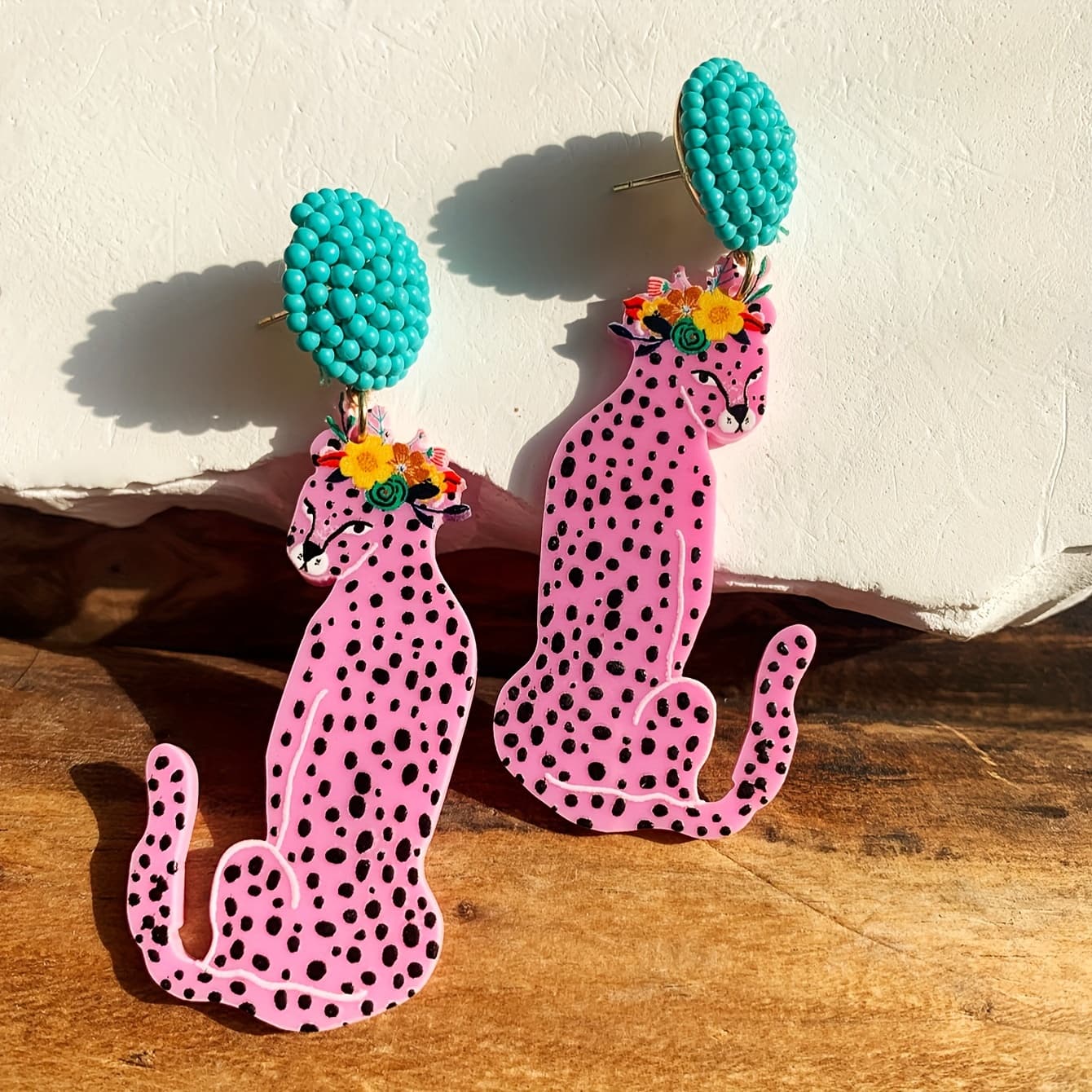 TEMU 1 Pair Handcrafted Beaded Leopard Print Dangle Earrings, Acrylic Animal Theme With Stainless Steel Posts, Cute For Women, Beach, Travel, Music Festivals, Mardi Gras Day Gift, Quirky Earrings