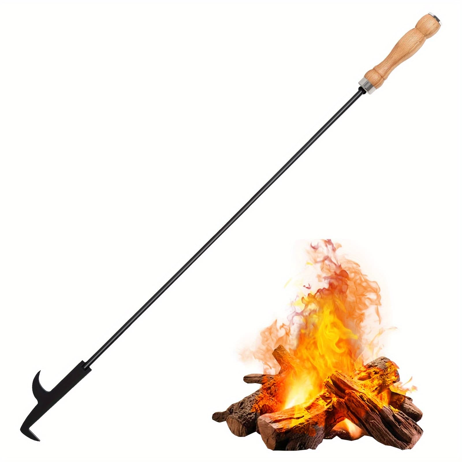 TEMU Fire Pit Poker, 32" Fire Poker Stick With Wooden Handle& For Campfire, Fireplace, Bonfires, Heavy Duty Wrought Iron Fire Pit Tools Additions For Outdoor & Indoor