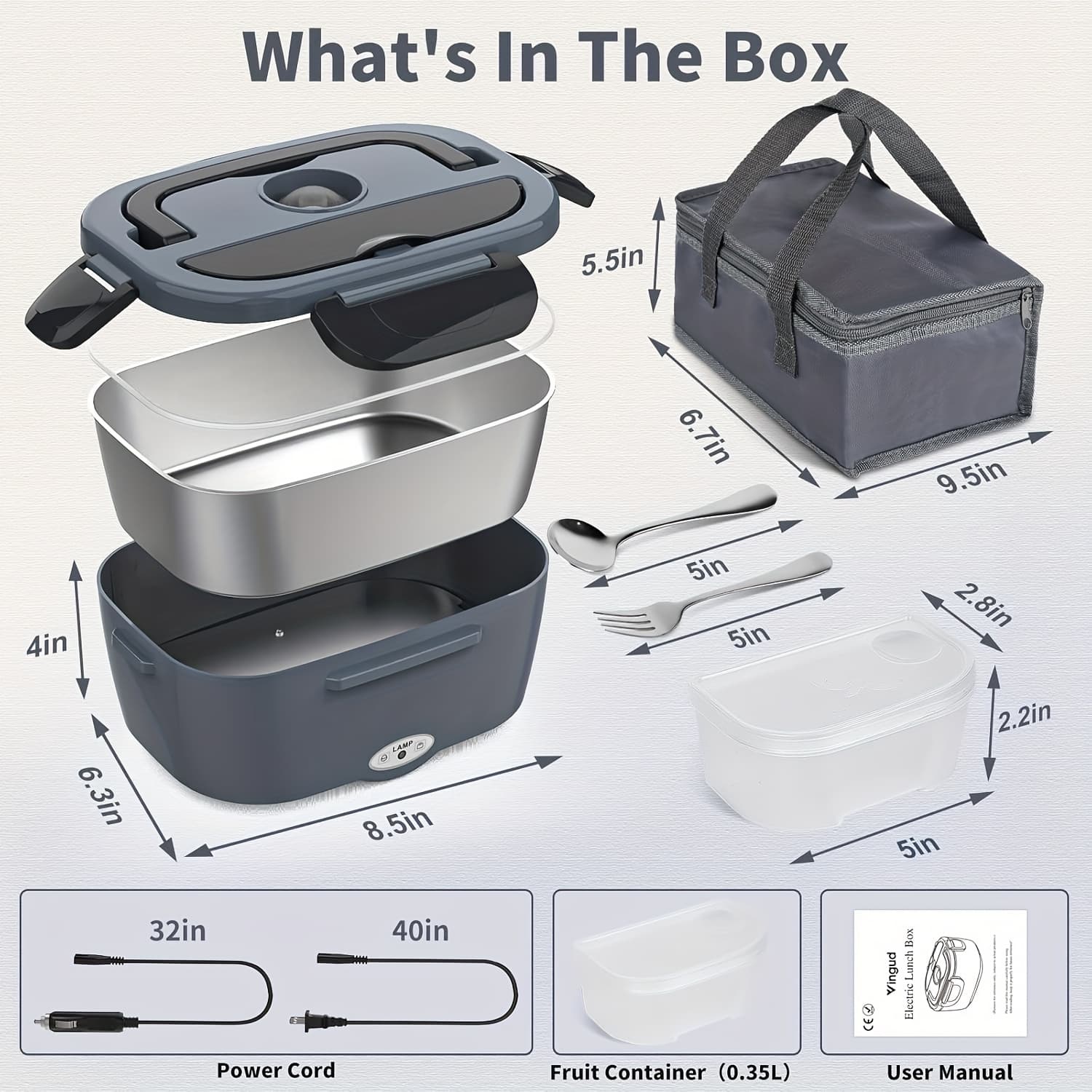 TEMU Lunch .5l - 120v Home & 12v/24v Car Portable Food Warmer, Stainless Steel Heated Meal Container W/ Fork & Insulated Bag, For Truck Drivers, Office, Travel, Camping, College(fast Heating)