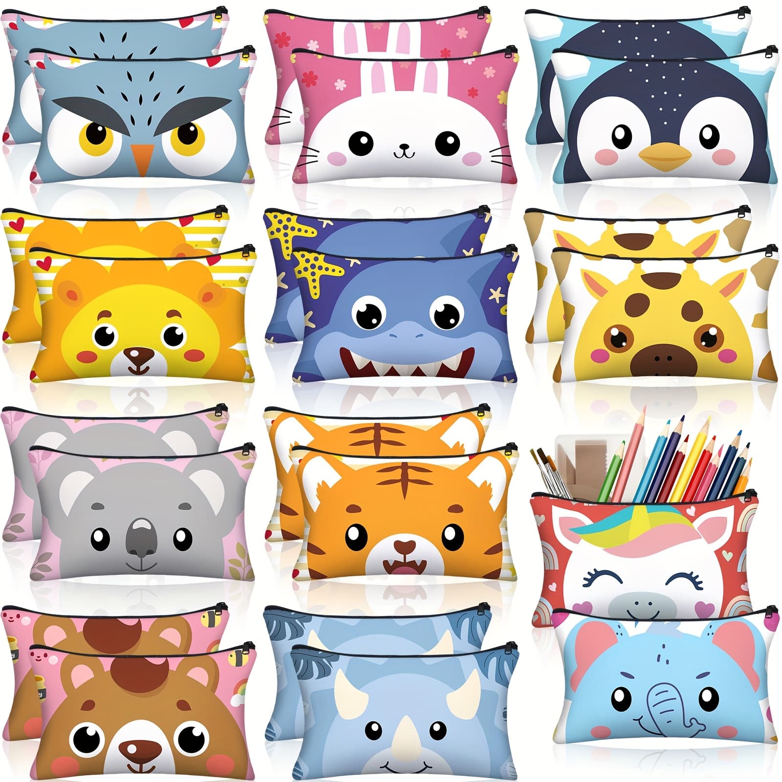 TEMU 24pcs Bulk Zipper Pencil Case Pouch Cute Animal Pen Bag Multicolored Cat Bear Shark Bunny Canvas Pencil Pouch Organizer For Storage