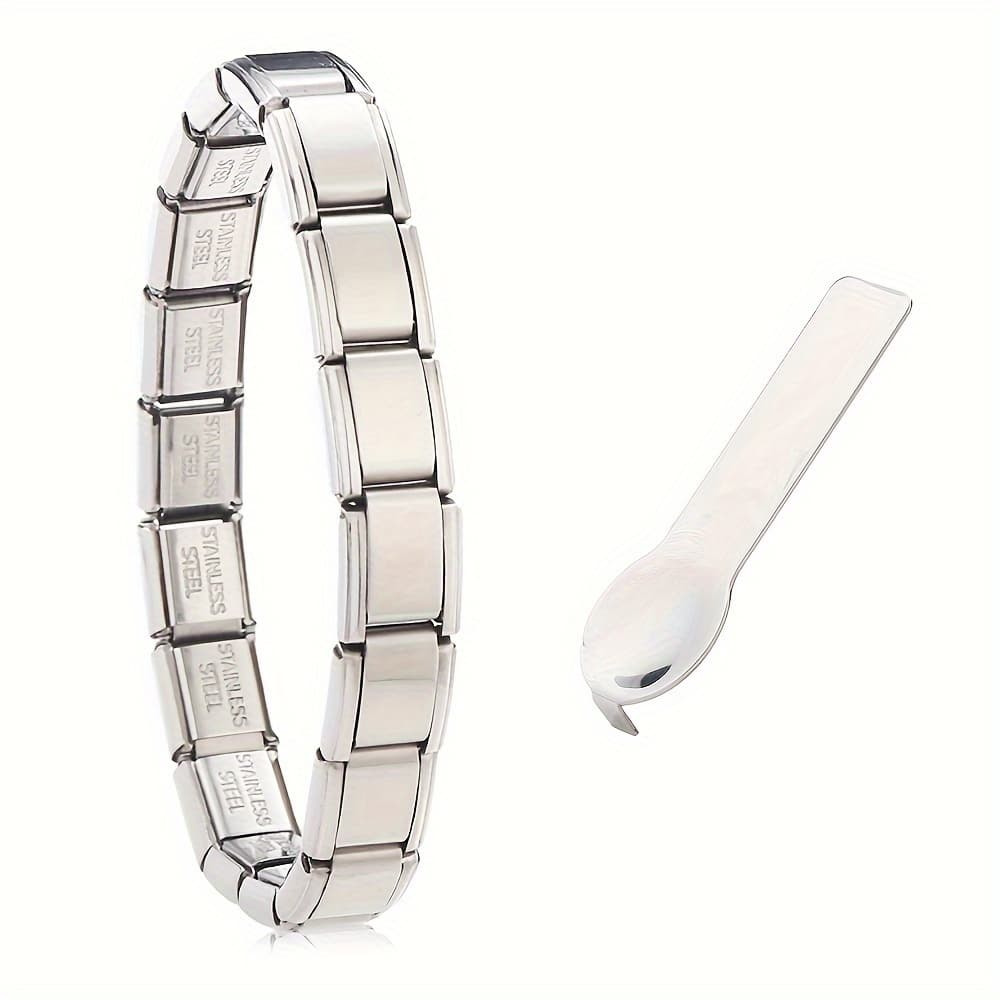 TEMU Elegant Stainless Steel Kit - 9mm Modular Links With Assorted Charms & Opening Tools, Diy Handmade Jewelry Gift, Sleek , Charms For Bracelets