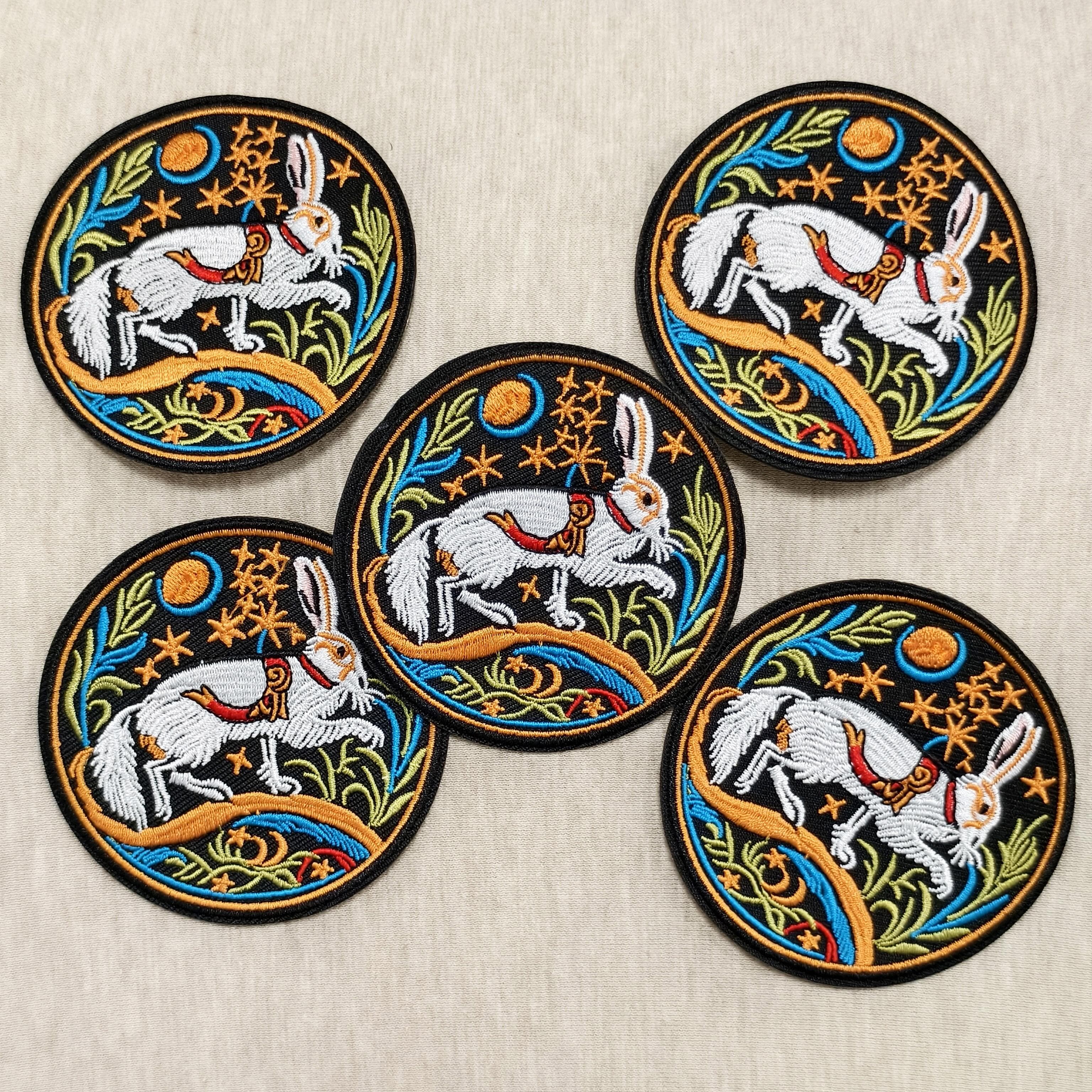 TEMU 5pcs Medieval Royal Travelling By Moonlight Embroidered Iron-on Patch - Vibrant Polyester Badge For , Bags, And Hats, Featuring Celestial Rabbit Design