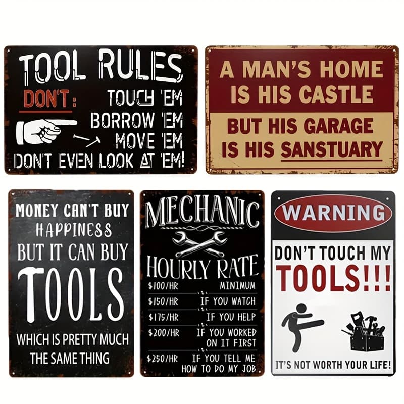 TEMU 5pcs For Man Cave Mechanic Metal Tin Sign, Tool Rules Tin Sign, Funny Workshop Sign, For Room Home Bar Sign Decor 12"x 8"
