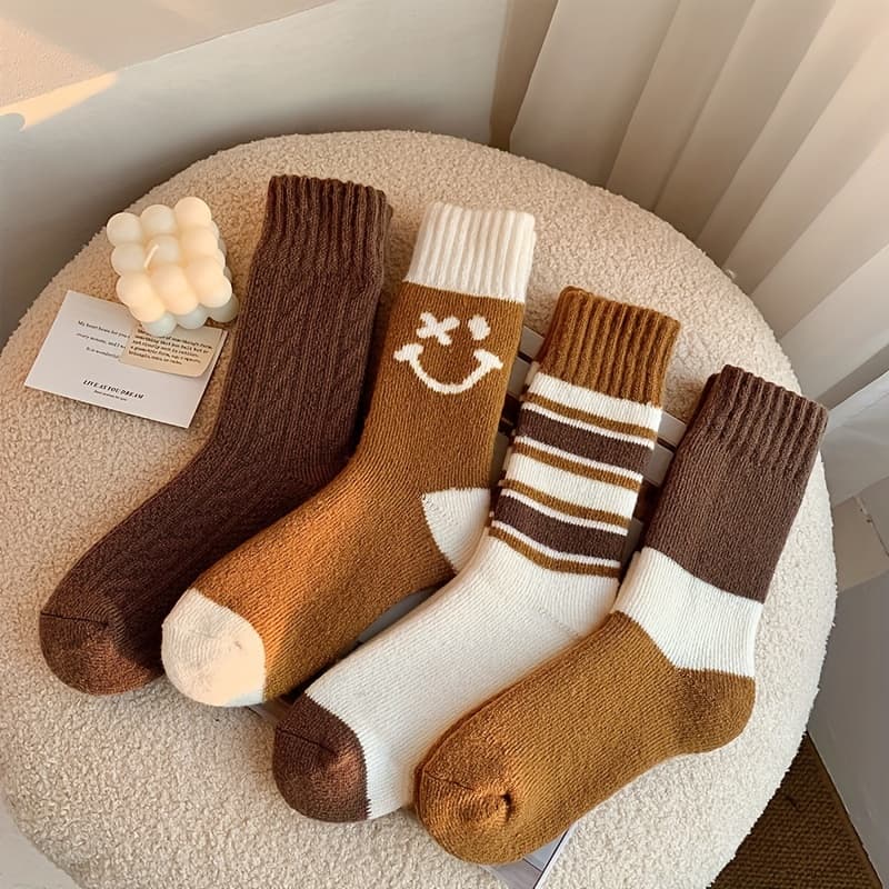 TEMU 4-pack Yellow Terrycloth Thermal Socks With Lining, Thickened Towel Socks For Autumn And Winter, Home Floor Socks