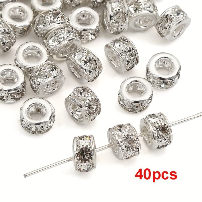 TEMU 40pcs 8mm Golden Silvery Large Hole Rhinestones Spacer Beads For Jewelry Making Diy Bracelet Necklace Chain Decorative Accessories