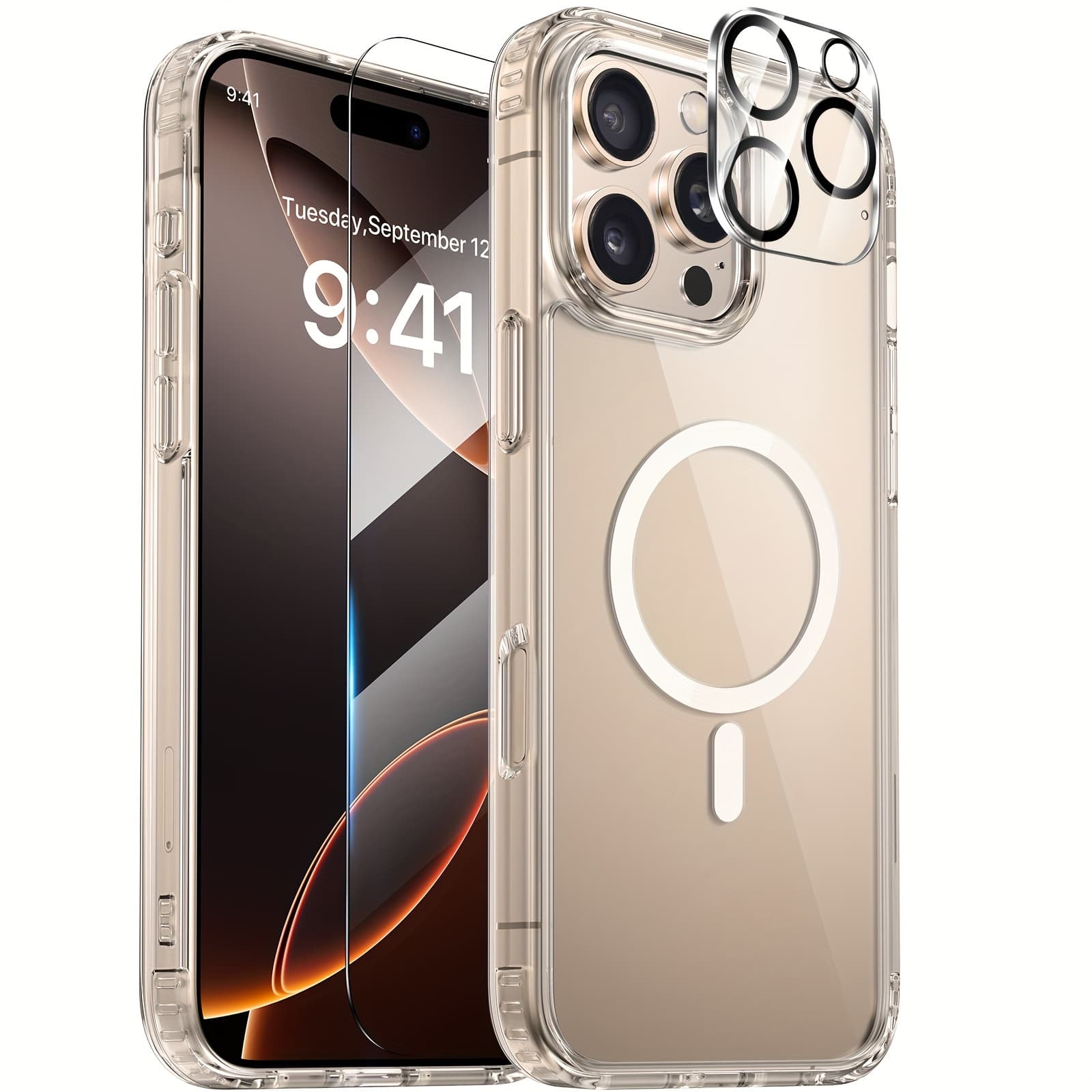 TEMU Phone Case - Protective Phone Case Ip16 Pro Max Case For Magnetic Additions, Shockproof Protective Case, With Tempered Glass Screen Protector + Camera Lens Protector, Scratch-resistant Back Cover
