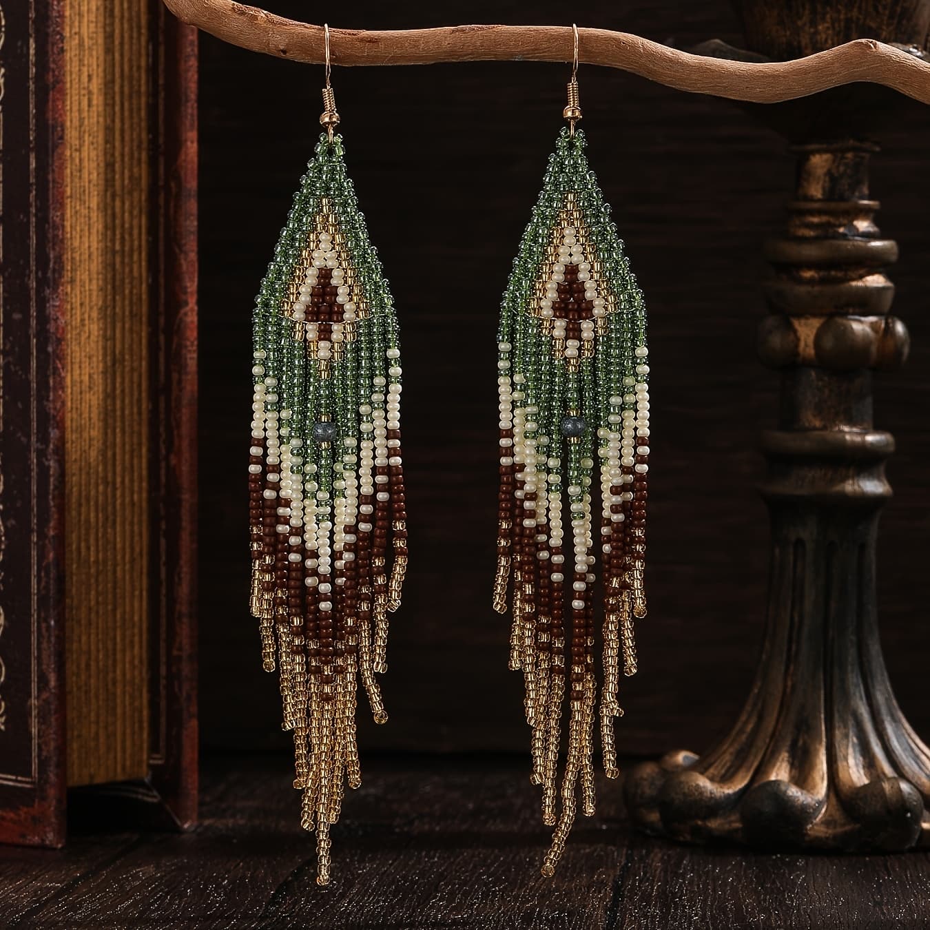 TEMU A Pair Of Vintage Boho Tassel Beaded Earrings | Long, Geometric, Gradient Beige Brown, Beads, Copper Ear Needles, Ideal For Daily Wear And Gifting