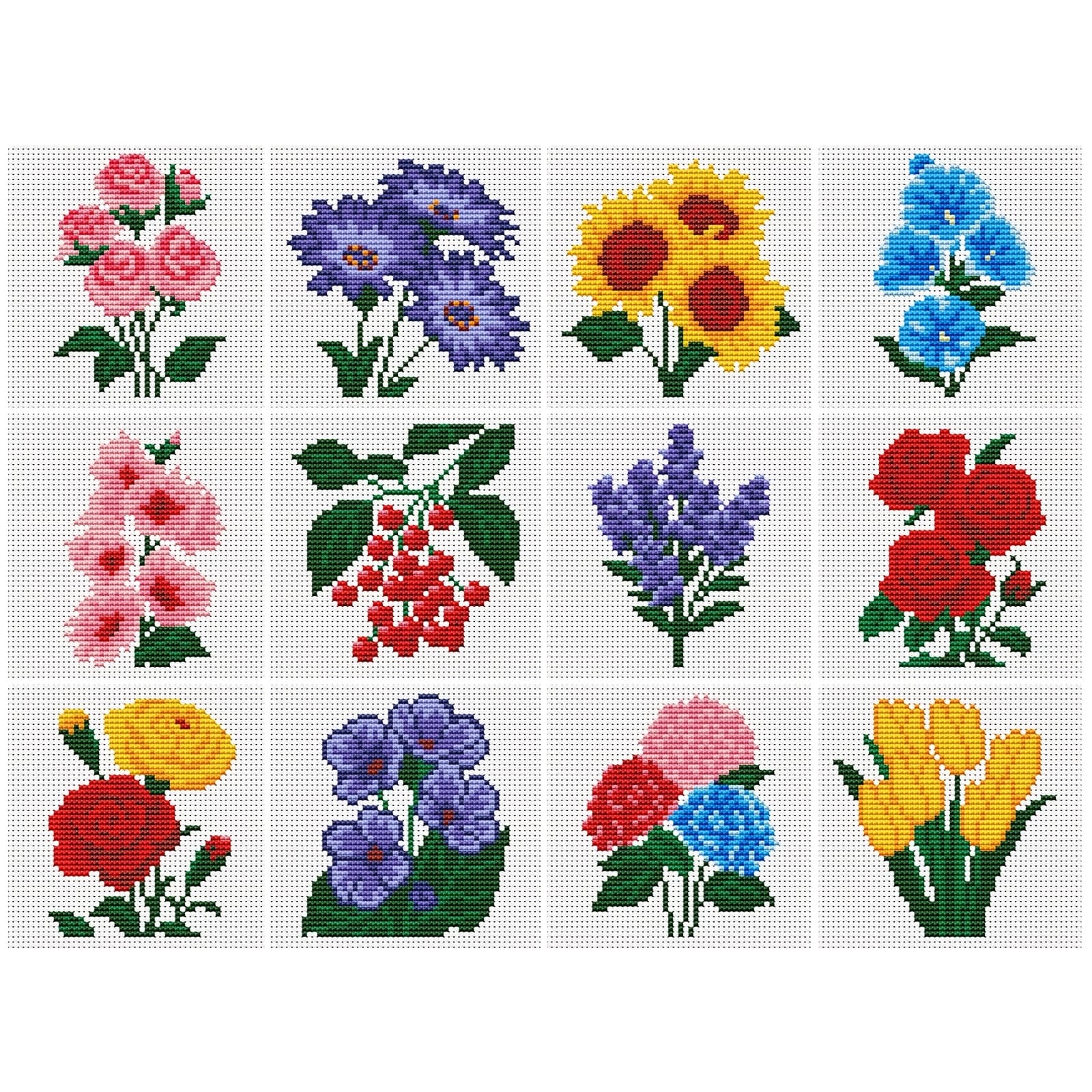 TEMU 1 Set 12pcs Floral -, Including Rose Flower Etc. Patterns Materials (with Cloth/thread/needle) 11ct Medium Count Wall Decoration, Holiday Decor Or Gift
