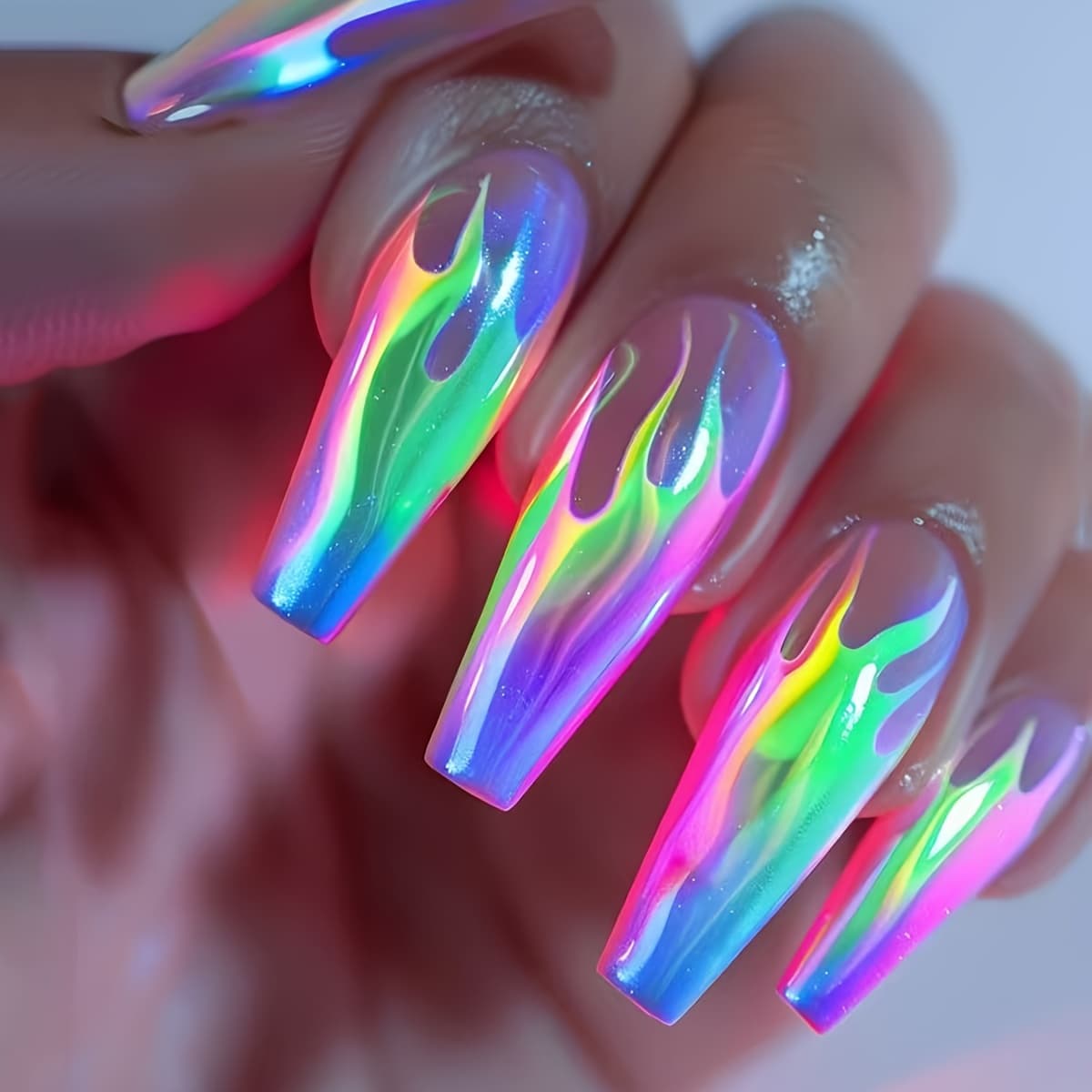TEMU Medium-length Glossy Color-block Flame Design 24pcs Reusable Detachable Nail Stickers, Convenient For Daily Wear, , Parties, And Vacations