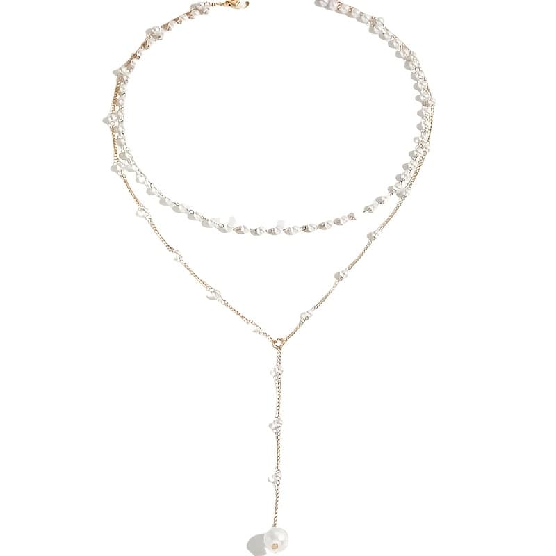 TEMU Chic Vintage-inspired Double-layer Necklace Featuring Pearl Accents And A Tassel Pendant - Y-shaped Chain That Rests On , Made Of Alloy, Wear And , A For Women