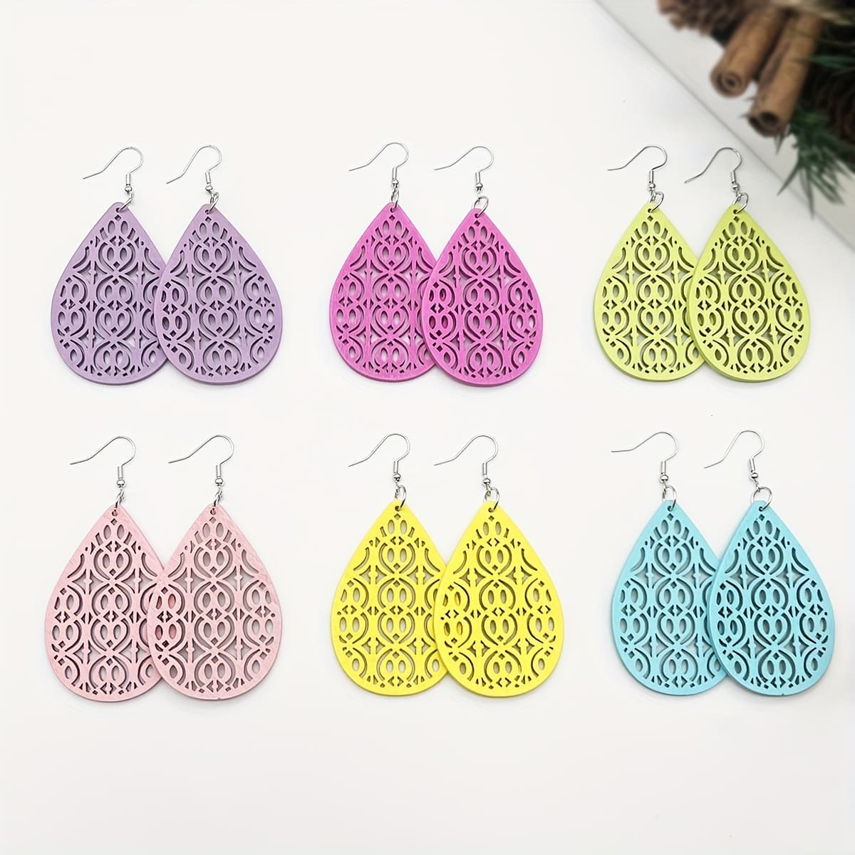 TEMU A Set Of 6 Pairs Of Hollow Minimalist Multicolored Bohemian-style Wooden Earrings, Perfect For Women's Casual And Vacations In And Summer, Featuring A Creative And Versatile Design