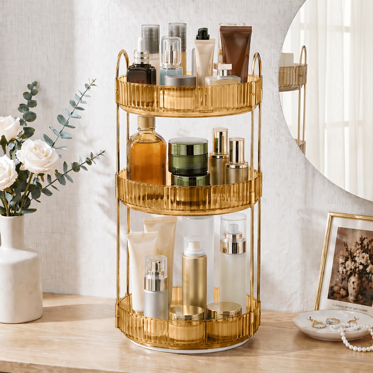 TEMU Dresser 360 Swivel Makeup Organizer, 3 Tier Bathroom Countertop Organizer Swivel Perfume Organizer, Large Capacity Cosmetic And Skincare Dresser Makeup Racks