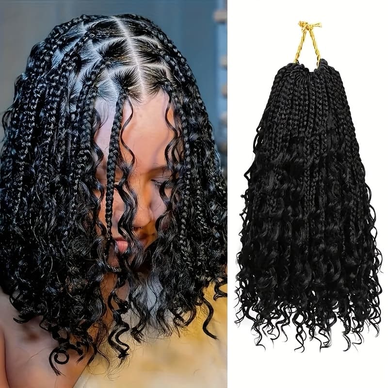 TEMU 12 Inch Boho Box Braids Goddess Box Braids Crochet Hair, Bohemian Hippie Braids Braiding Braids With Curly Ends Messy Pre-looped Synthetic Crochet Hair, Black Synthetic Crochet Hair Extensions