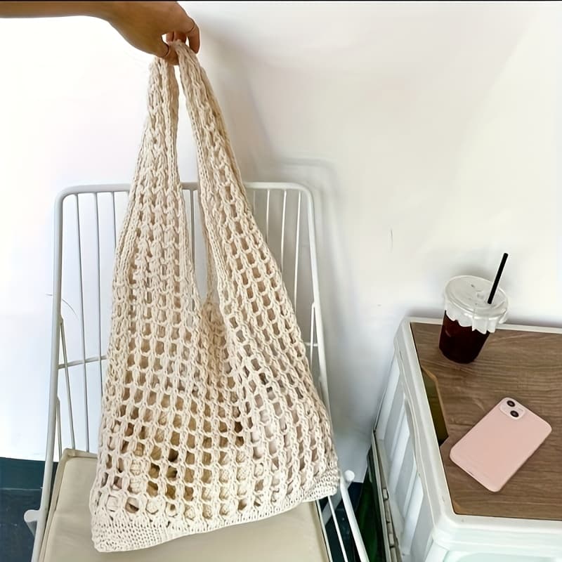 TEMU Hollow Knitted Beach Bag Seaside Shoulder Bag Tote Easy Versatile Woven Easy Knitted Bag