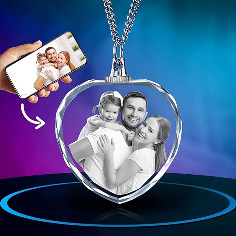 TEMU Custom Photo Engraved Heart Memory Necklace - Artificial Crystal 2d Photo Keepsake For , Lovers, Wives - Durable Shiny Personalized Gift For Christmas, Valentine's Day, - Casual Attire & Keepsake