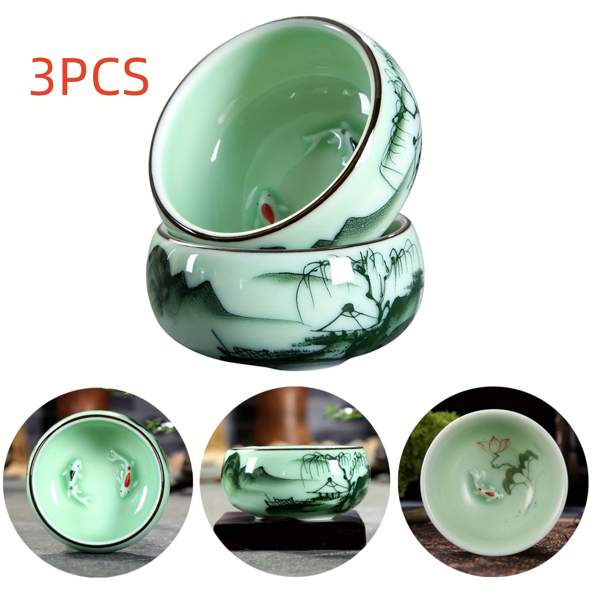 TEMU Teacup Porcelain Chinese Teacup Fishes And For Lotus Pattern Set Of 3