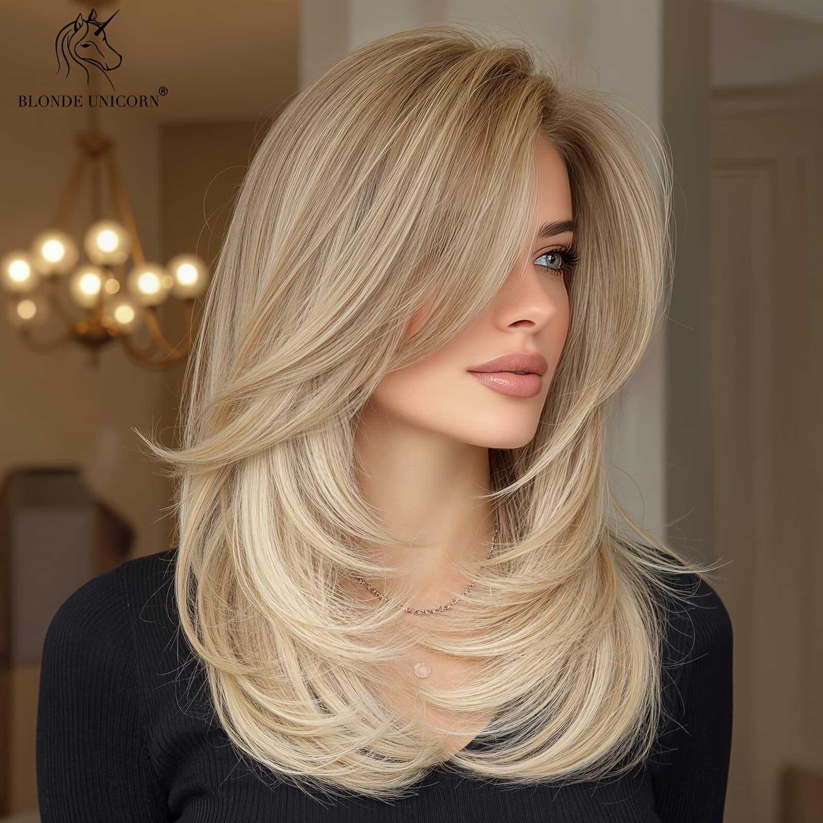 TEMU 20" Golden Synthetic Wig For Women - Straight Layered Blonde Hair With , Matte High-temperature Fiber, Elegant Style For All , Short Hair Wig