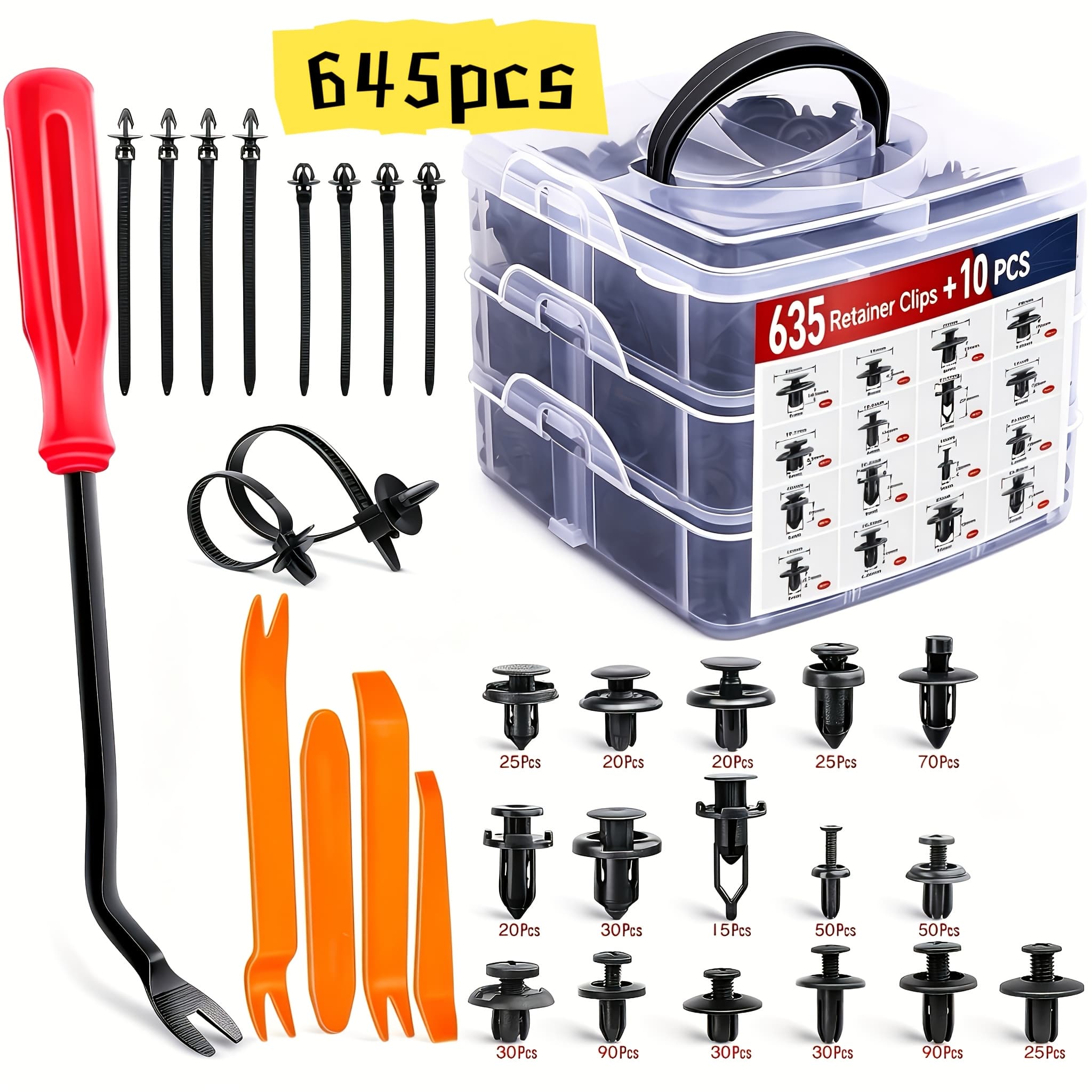 TEMU 635+10/638/925/935/940pcs Car Retaining Clip And Set - Popular Size Nylon Bumper Rivets With 10 Cable Ties And Fastener Remover