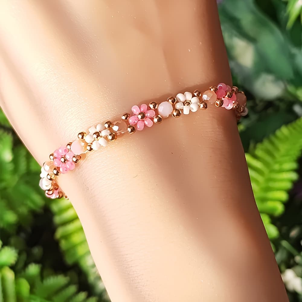 TEMU 1pc Bohemian Style Rice Bead Floral Bracelet, Fashionable And Versatile, Suitable For Gifting, Daily Wear