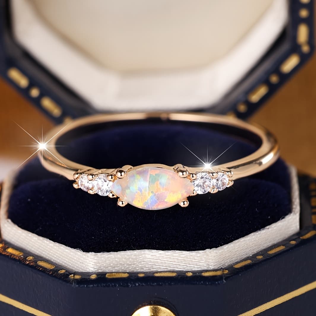 TEMU An Exquisite Synthetic Opal Ring With Oval Cut, Handcrafted Jewelry Engagement Ring For Women