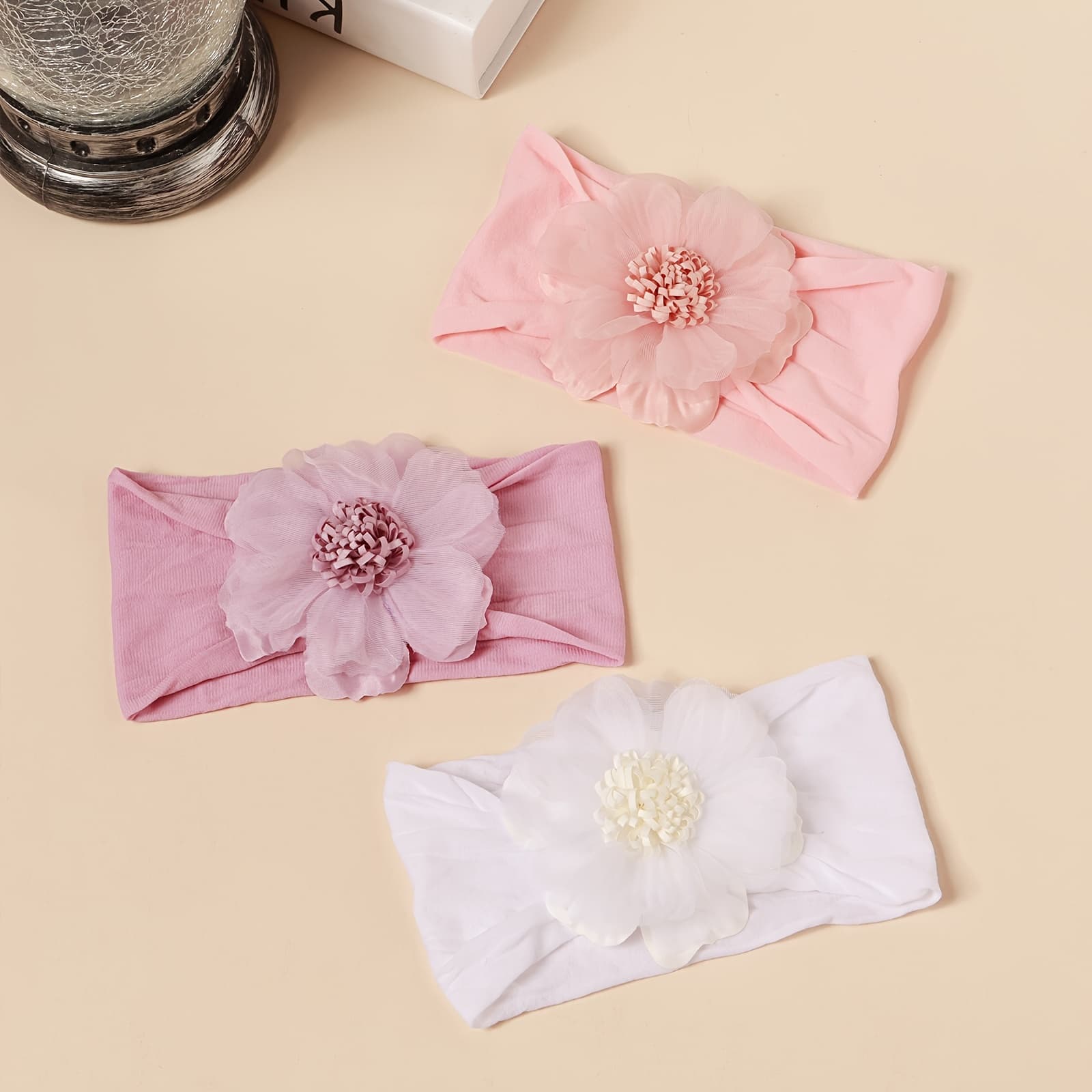 TEMU Set Of 3 Soft And Stretchy Chiffon Floral Nylon Headbands For Babies, Casual Wear And Additions