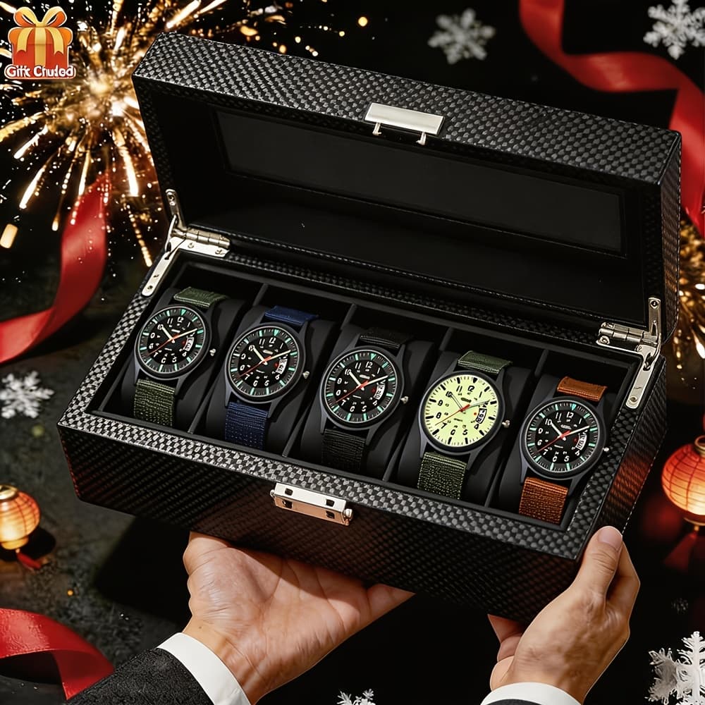 TEMU Men's 5pcs Fashion Quartz Watch Set With Calendar - Casual Digital Dial, Nylon Strap, Alloy Case - Perfect Gift For Him