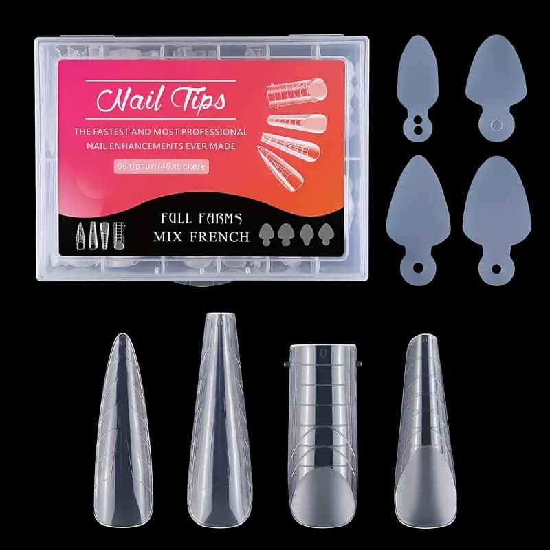 TEMU 96pcs Clear Acrylic Nail Tips Kit, Mixed Shapes Long Coffin & Stiletto Full Cover With 4 Types Poly Nail Gel Extensions