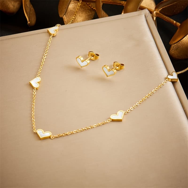TEMU Elegant And Minimalist Jewelry Set Stainless Steel Necklace Earrings White Heart-shaped Pendant Women's Gift Jewelry