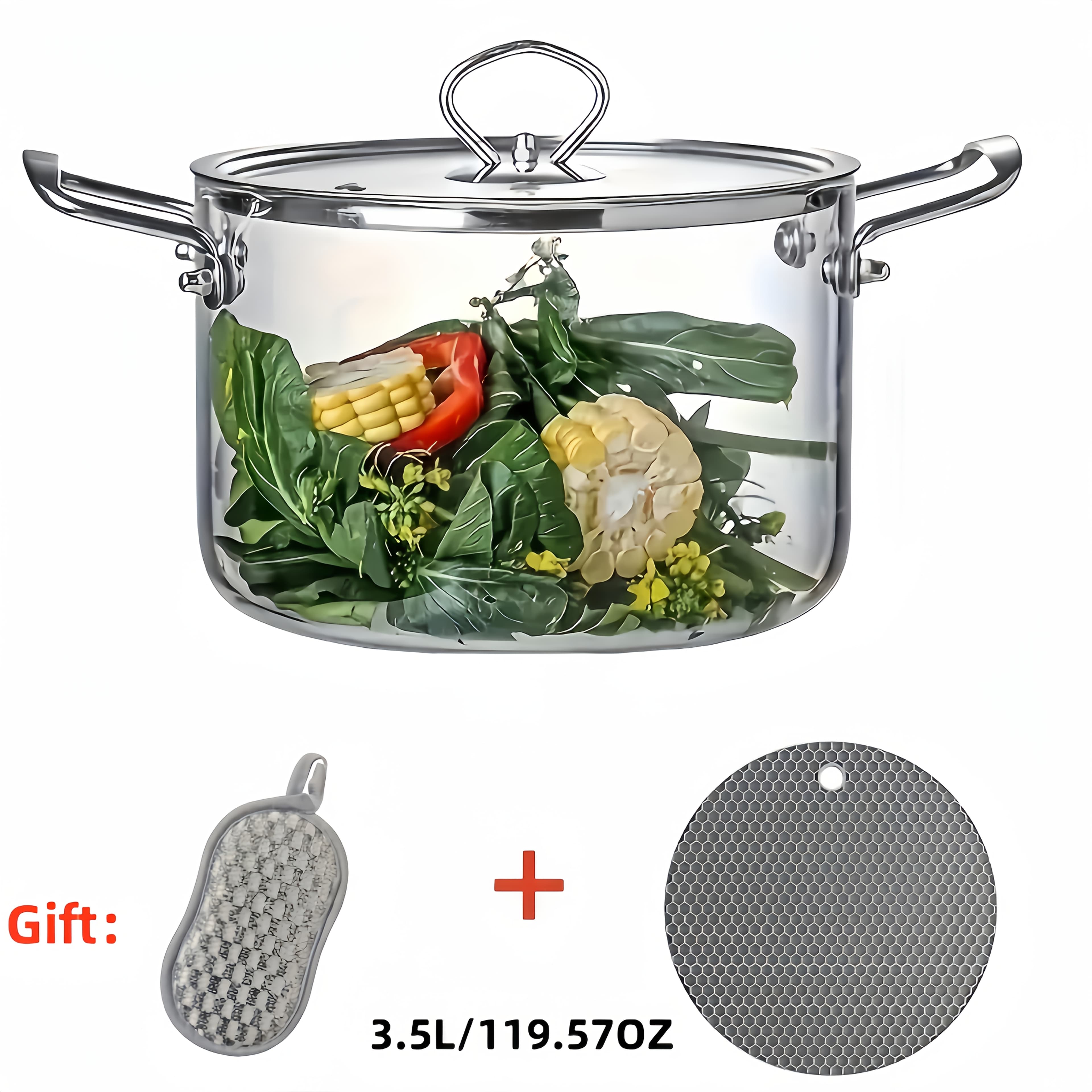 TEMU 1pc, 3.5l/5.5l Stainless Steel Handle Glass Pot, With Heat Insulation Pad + Scouring Pad, Heat-resistant Stew Pot With Lid, Pot, Soup Pot, Cooking Pot, Kitchen Essential