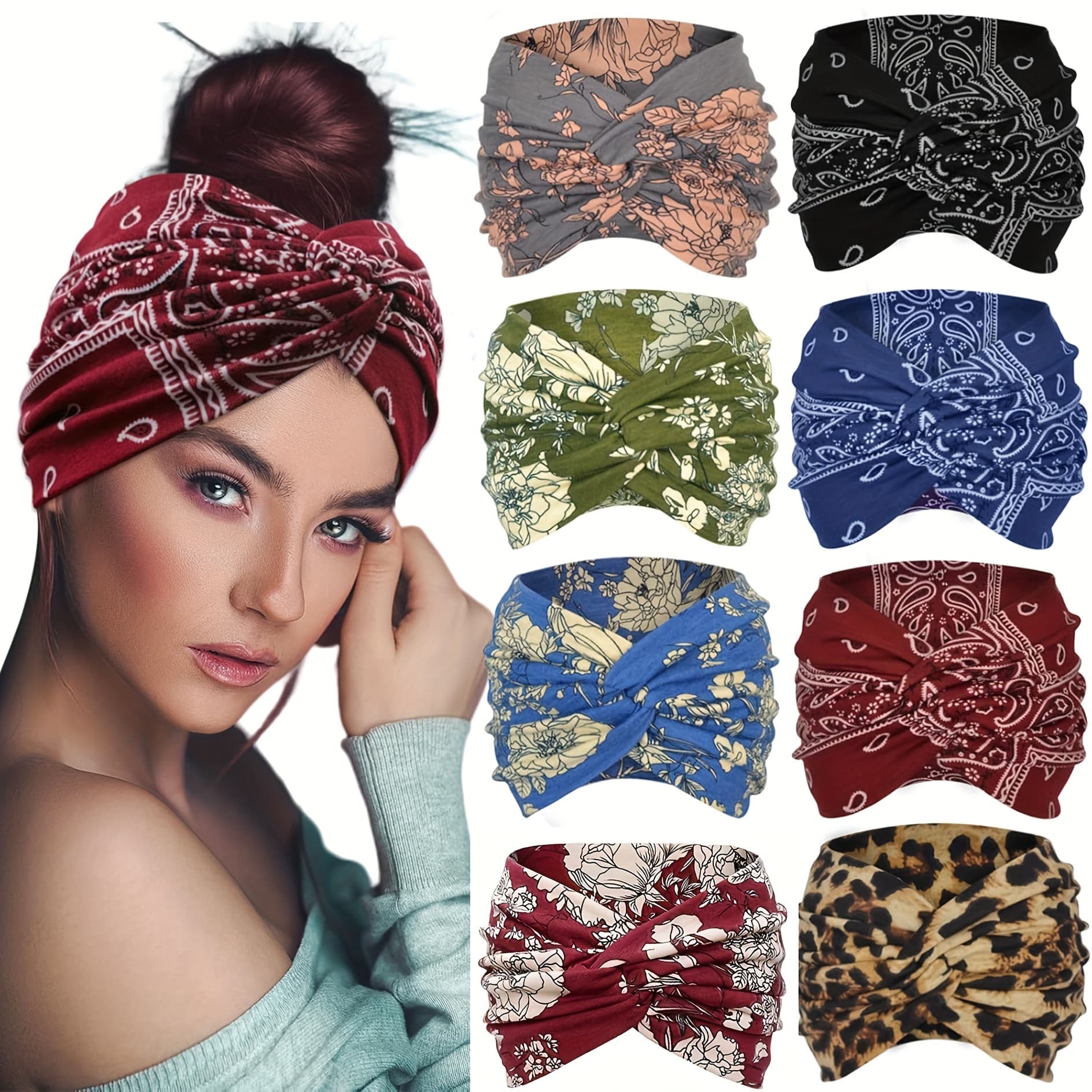 TEMU Set Of 8 Bohemian-style Wide Headbands For Women, Featuring 5.5-inch Elastic Sports Bands Made Of Polyester, Stylish Hair Additions With Prints, No Feathers Included