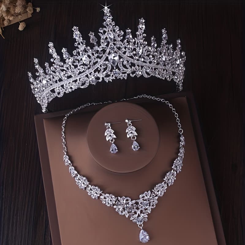 TEMU High End Luxury Crown Necklace Earring Set Bride Wedding Dress Jewelry Wedding Necklace Wedding Jewelry High End Grand Dinner Banquet Birthday Crown Necklace Earring Set Of 3