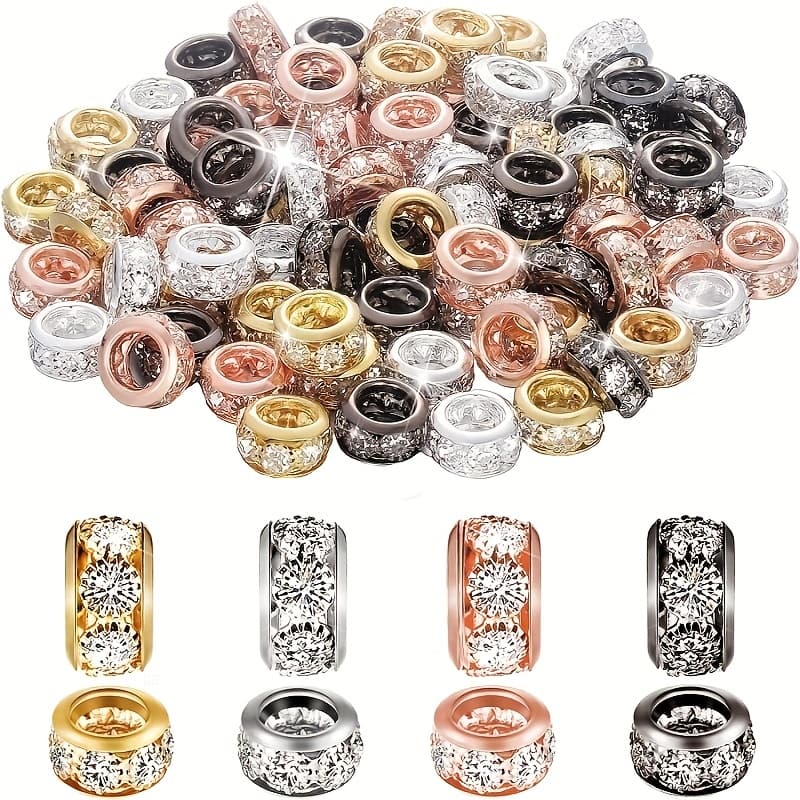 TEMU 40pcs Golden & Silvery Large Hole Rondelle Beads Diy 10mm Rhinestones Spacer Beads, Large Hole Rondelle Beads For Making - Charm Bracelet & Necklace Craft Supplies