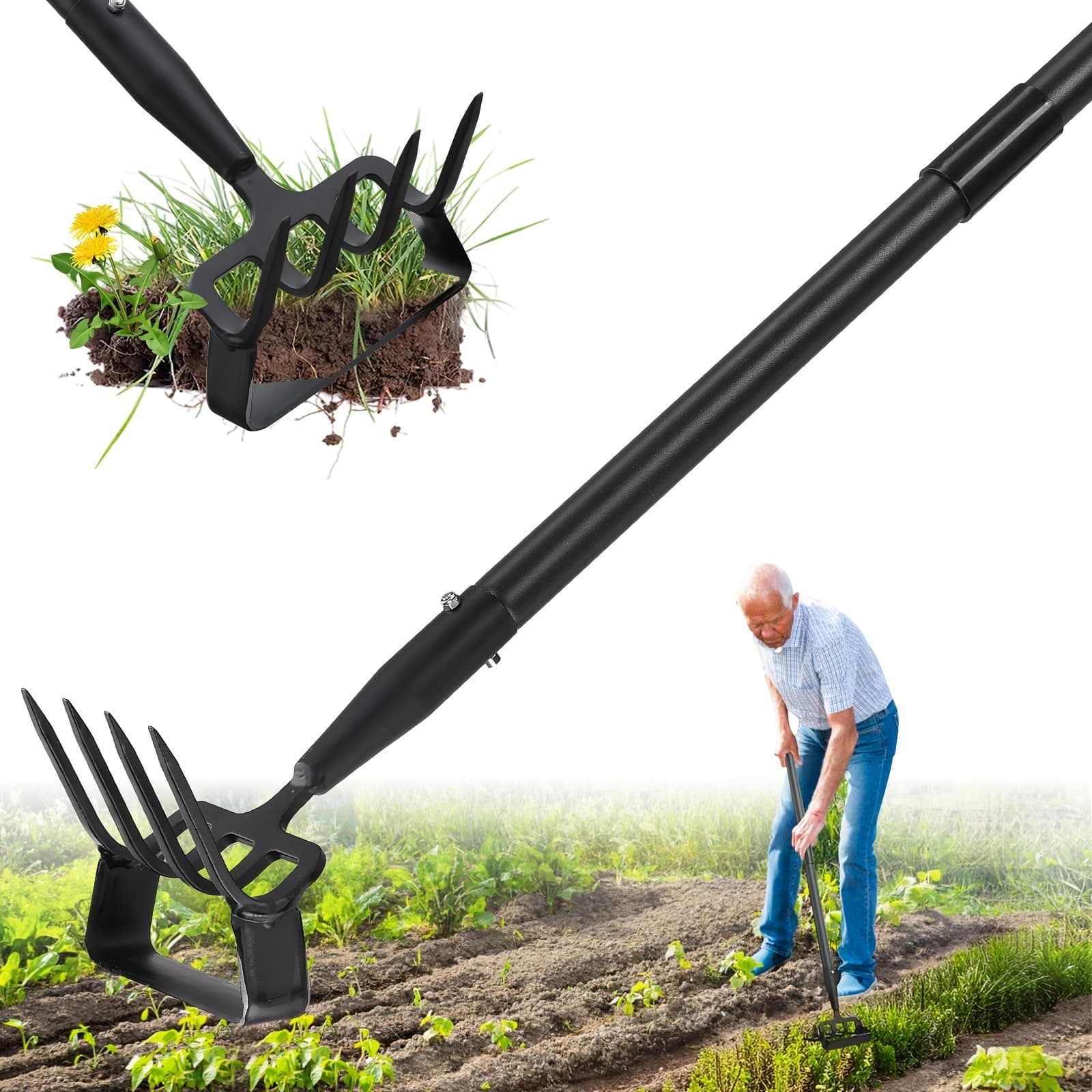 TEMU Garden Hoe, Cultivator Stirrup Hoe Garden Tool For Weeding, 62 Inch Heavy Duty Hoe With Adjustable Long Handle, Action Loop Hoe With Rake 2-in-1 Gardening Tool For Loosening Pulling Weed