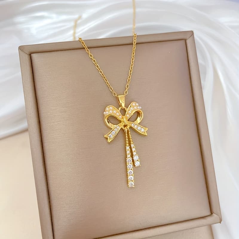 TEMU Stainless Steel Zirconia Fringe Bow Pendant Necklace For Women New Luxury Clavicle Chain Jewelry Gifts